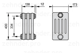 Схема (чертеж) Радиатор Zehnder Charleston 5040/3 №1270 Белый глянцевый RAL 9016
